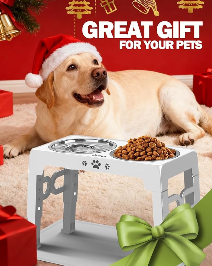 Jovrun Elevated Dog Bowls for Medium Size Dogs with Mat, Non-Slip Dog Feeder with 1*Stainless Steel Dishes & 1*Slow Feeder Bowl, 5 Heights Adjustable Raised Bowls for 3.15″-8.66″-9.84″-11.02″-12.2″