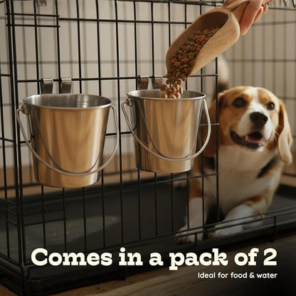 6 Quart Stainless Steel Flat Sided Bucket with Dual Hooks | 2 Pcs Food & Water Bowl for XL Dog Goat Cattle Horse & Livestock | Fits kennel Crate Cages Farm Hanging Pet Pail | Multipurpose