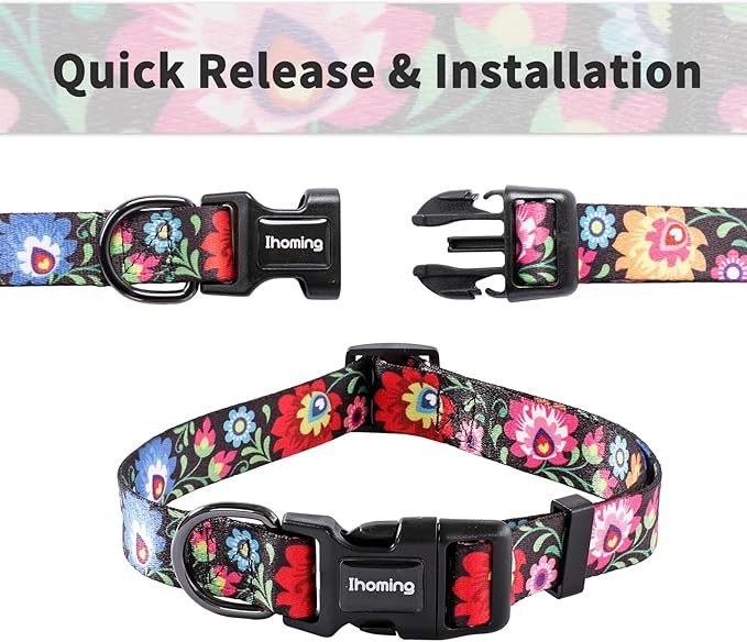 Ihoming Dog Collar and Leash Set for Daily Outdoor Walking Running Training, Black Colorful Flowers Design for Medium Boys Girls Dogs Cats Pets, M-Up to 45LBS
