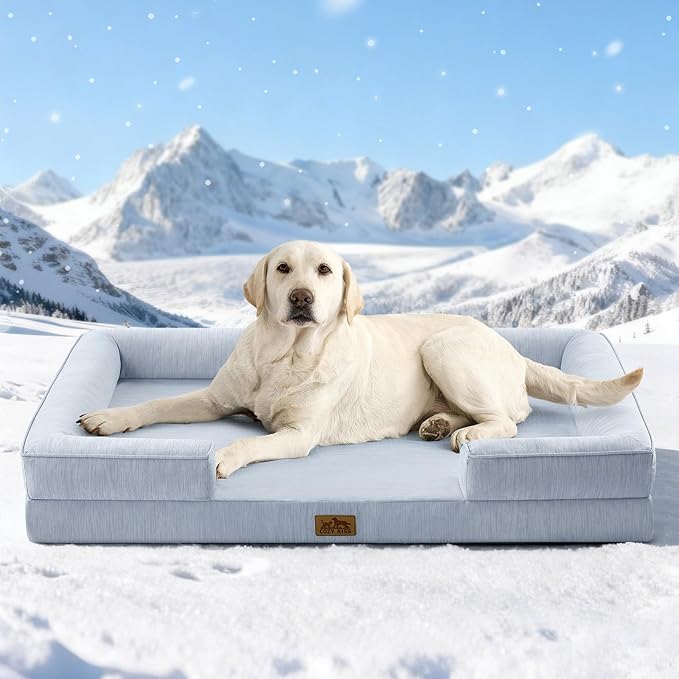 Cooling Dog Bed for Extra Large Dogs 44x32 inch, Q-Max >0.4 Summer Cool Orthopedic Foam Pet Sofa Bed with Sides, XL Size Bolster Anti-Slip Couch with Washable Removable Cover, Blue