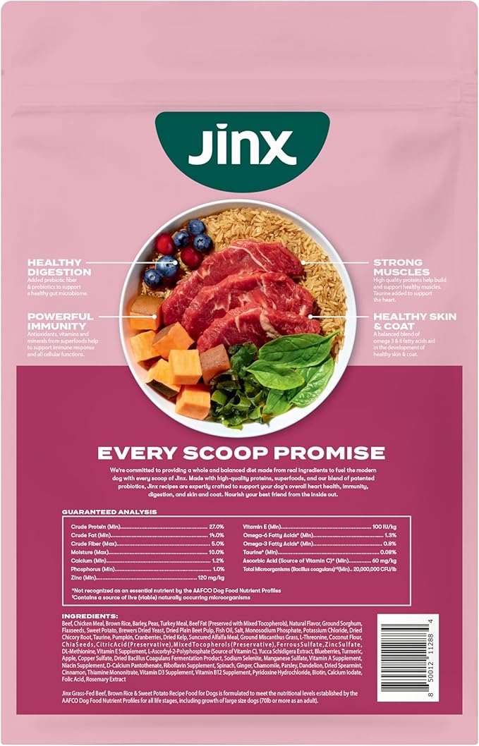 Jinx Premium Dry Dog Food, for All Lifestages - Real Beef, Brown Rice & Sweet Potato Kibble with Superfoods for Immune Support & Probiotics for Digestive Support - No Fillers - 11.5lb