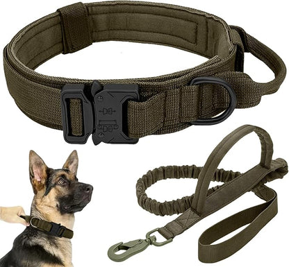 Tactical Dog Collar Leash Set, Adjustable Military Training Nylon Collar Dog Training with Control Handleand Metal Buckle, Dog Collar for Medium Large Dogs (Green,XL)