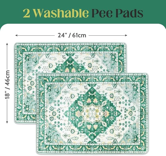 Washable Pee Pads for Dogs 2 Pack Reusable Puppy Training Pads 24"x18" Super Absorbent Waterproof Dog Training Pads, Non-Slip Potty Pads Whelping Pads Litter Mat Pet Supplies - Green Medallion