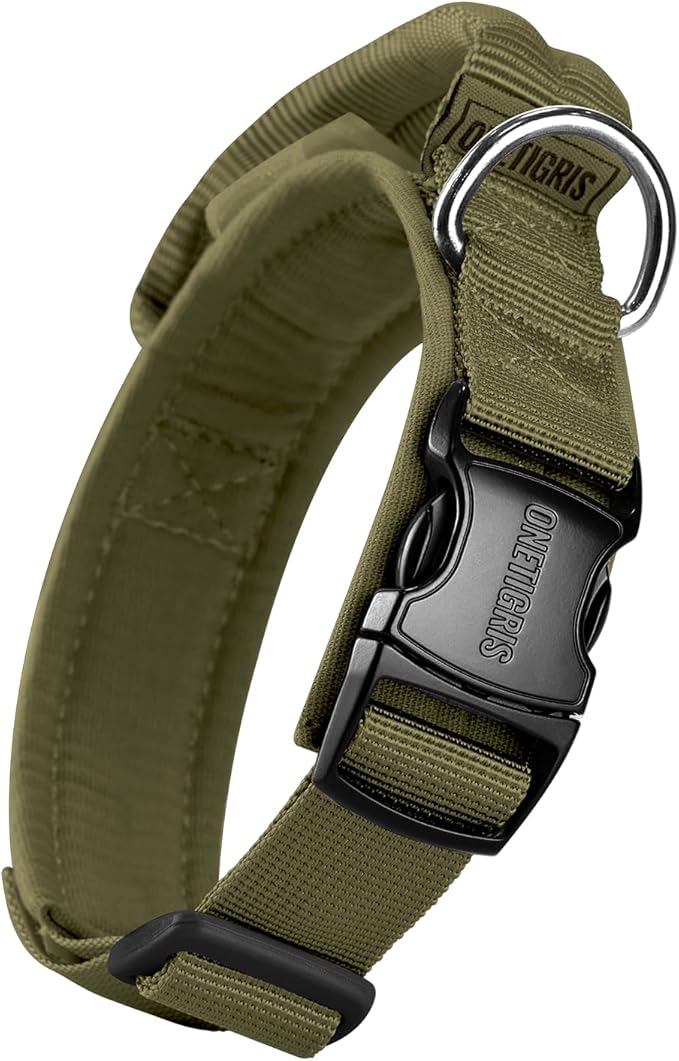 OneTigris Tough Dog Collars, Tactical Dog Collar with Handle, Milltary Adjustable Dog Collar with Heavy Duty Metal Buckle for Training (Green, S)