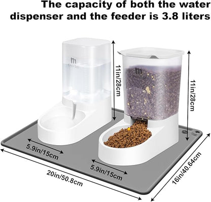 Marchul Dog Feeder and Water Dispenser, Automatic Gravity Dog Food Dispenser, Pet Food Dispenser Set for Small Medium Dogs Puppy Kitten (1 Gallon / 3.8L with Silicone Mat)