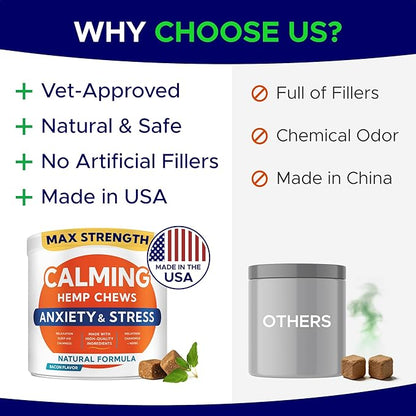 Advanced Calming Chews for Dogs - Hemp Treat + Melatonin + Valerian - Relaxing Bites - Calming Care - Anti-Anxiety & Stress Relief - Made in USA - Calm, Sleep Aid, Storms - 120Ct