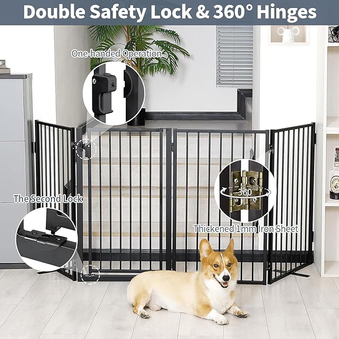 Metal Freestanding Dog Gates with Door for Outdoor Indoor,40'' Extra Wide 36'' Tall Free Standing Dog Gate for Doorways,Large Openings,Deck,Yard,Porch,Foldable Safety Pet Fence(Black,2 Panels)