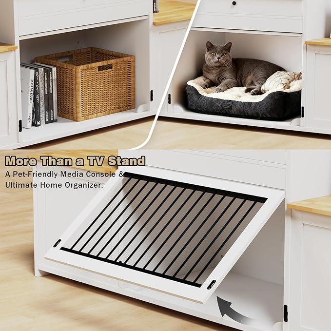 78" Dog Crate Furniture TV Stand, Tiered Dog Kennel for Medium Dogs with Stepped Design, Wooden Dog Cage with Storage Cabinets & Drawer, Heavy Duty Indoor Door House Media Console, White