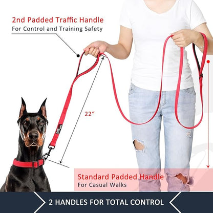 Plutus Pet Double Handle Dog Leash 4ft, Heavy Duty, Reflective Dual Handle Dog Leash for Safety Training, for Medium Large Dogs,2 Handle Leads(Red)
