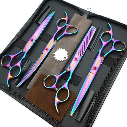 KINGSTAR 7.0in Titanium Rainbow Professional Pet Grooming Scissors Set,Straight & Thinning & Curved Scissors 4pcs Set for Dog Grooming,(Rainbow)