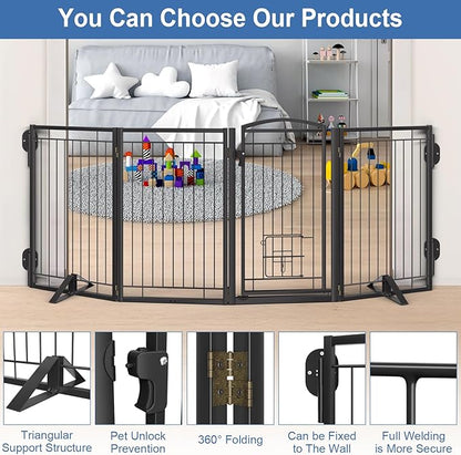 Full Metal Freestanding Dog Gate with Cat Door for Indoor & Outdoor,32" Tall Foldable Dog Fence,80" Extra Wide Freestanding Pet Gate for Large Openings,Stairs,Deck,Yard,Doorways(4 Panels,Black)