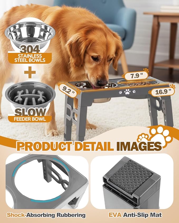 Jovrun Elevated Dog Bowls for Medium Large Size Dogs, Non-Slip Dog Feeder with 1*Stainless Steel Dishes & 1*Slow Feeder Bowl, 5 Heights Adjustable Raised Bowls to 3.15″-8.66″-9.84″-11.02″-12.2″