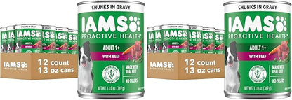 IAMS Proactive Health Adult Wet Dog Food Chunks in Gravy, Beef Recipe, 13 oz. Cans (12 Count, Pack of 2)