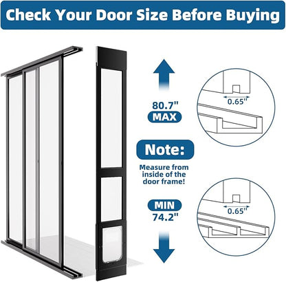 Dog Door for Sliding Glass Door, Magnetic Plastic Flap Sliding Door Pet Insert with Lock, Adjustable Height 74.2”-80.7”, No-Cut Installation for Patio Dog Access(Black M)