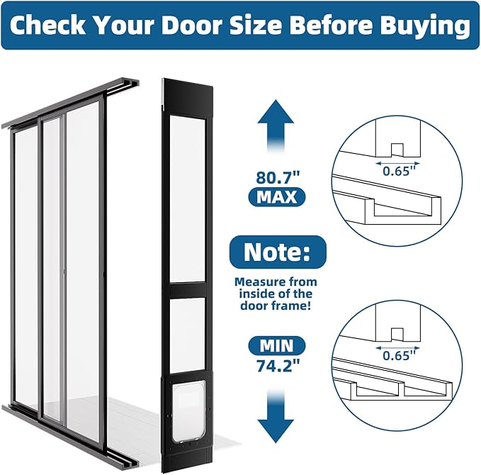 Dog Door for Sliding Glass Door, Magnetic Plastic Flap Sliding Door Pet Insert with Lock, Adjustable Height 74.2”-80.7”, No-Cut Installation for Patio Dog Access(Black L)