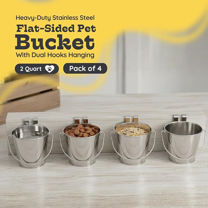 2 Quart Stainless Steel Flat Sided Bucket with Dual Hooks | 4 Pcs Durable Food & Water Bowl for Dog Cats Bird & Small Animals | Fits kennel Cage Crates Hanging Pet Pail | Multipurpose use