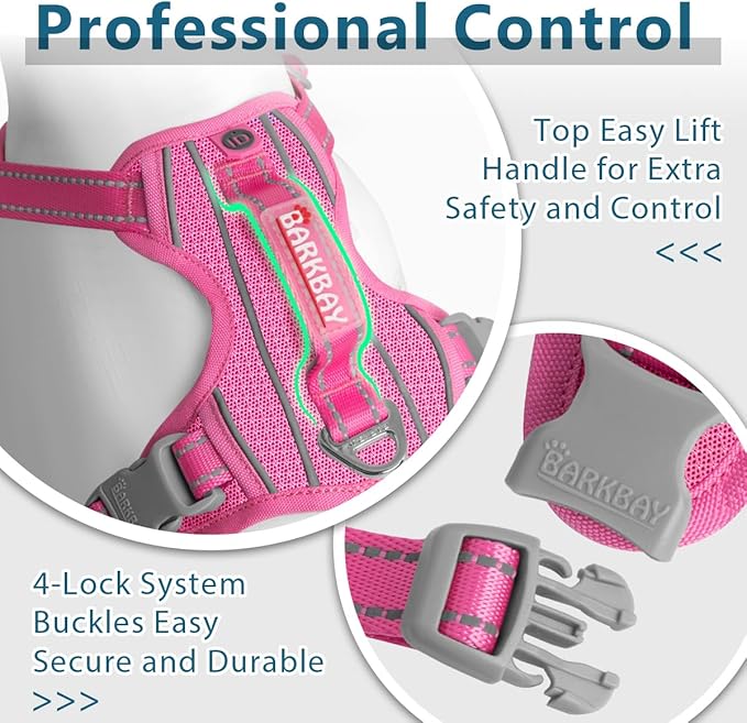 BARKBAY Dog Harness No Pull with ID Tag Pocket - Heavy Duty, Reflective, Easy Control for Large Dogs(Pink,S)