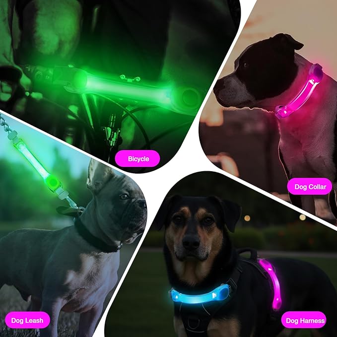 Dog Leash Light 2 Pack, LED Night Walking Safety Light for Collar Harness, Waterproof Glow Band with Nylon Stickers, Easy Clip-on Attachment for Small Large Dogs
