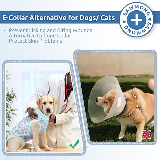 SAWMONG Recovery Suit for Dogs After Surgery, Dog Recovery Suit Breathable Polyester, Pet Spay Surgical Suit Female Male, Dog Onesie Body Suit Substitute E-Collar Cone(Blue Leopard,L)