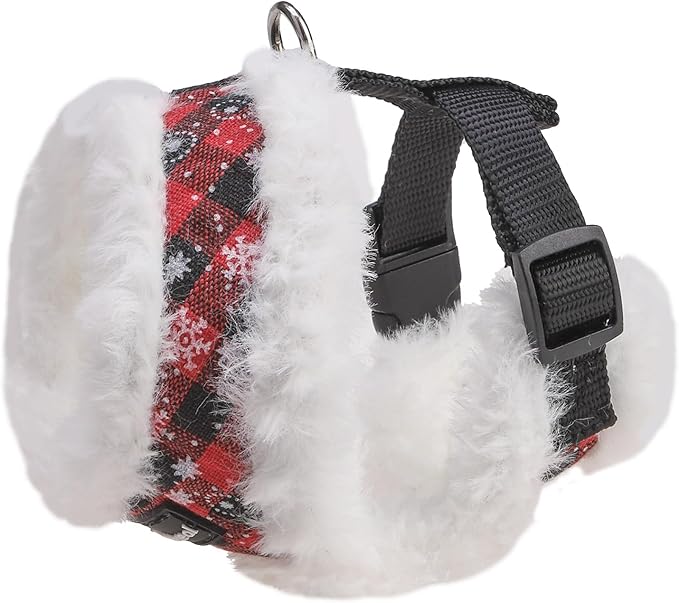 SCENEREAL Dog Christmas Harness Collar and Leash Set, Warm Fleece No Pull Puppy Vest Harnesses No Chock Adjustable Small Pet Halter for Outdoor Walking Training, Black Red Plaid XS