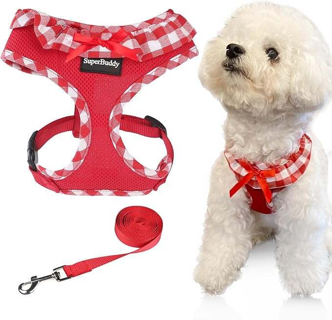 SuperBuddy Upgraded Soft Mesh Dog Harness, Super Breathable Lightweight Pet Harnesses for Puppy Dogs Outdoor Walking, Red Dog Harness and Dog Leash Set Packing -XSmall