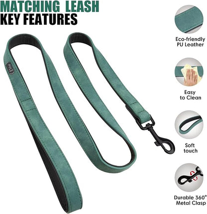 Didog Soft Padded Leather Dog Collar and Leash Set, Adjustable Dog Lead and Collar Set with Metal Buckle, Breathable Pet Collars with 4FT PU Leather Leash for Large Dogs, Green, XL