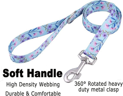 Mihqy Dog Collar and Leash Set with Bohemia Floral Tribal Geometric Patterns - Soft Ethnic Style Collar Adjustable for Small Medium Large Dogs(Pink + Purple Floral Set,M)