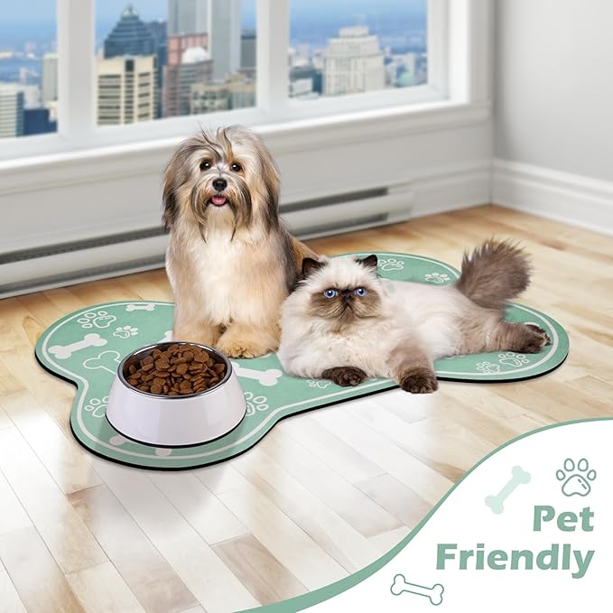 Dog Cat Mat for Food and Water,Rapid Absorbent Pet Feeding Mat, Bone Shaped Dog Placemat Bowl Mat with Rubber Backing,No Stains Pet Food Mats Indoor, Pet Accessories Supplies,Green 23"×36"