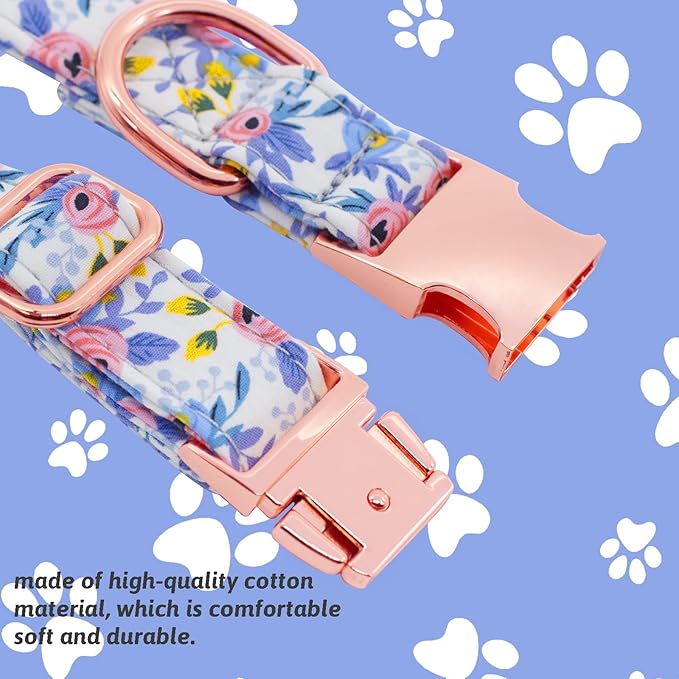 Dog Collar and Leash Set Girls Adjustable Puppy Collars with Floral Bow Tie for Small Medium Large Female Dogs, Blue Flower, M