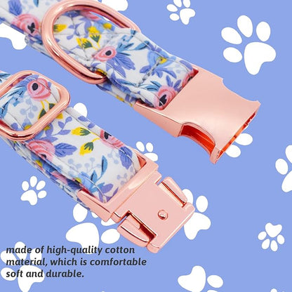 Dog Collar and Leash Set Girls Adjustable Puppy Collars with Floral Bow Tie for Small Medium Large Female Dogs, Blue Flower, XS