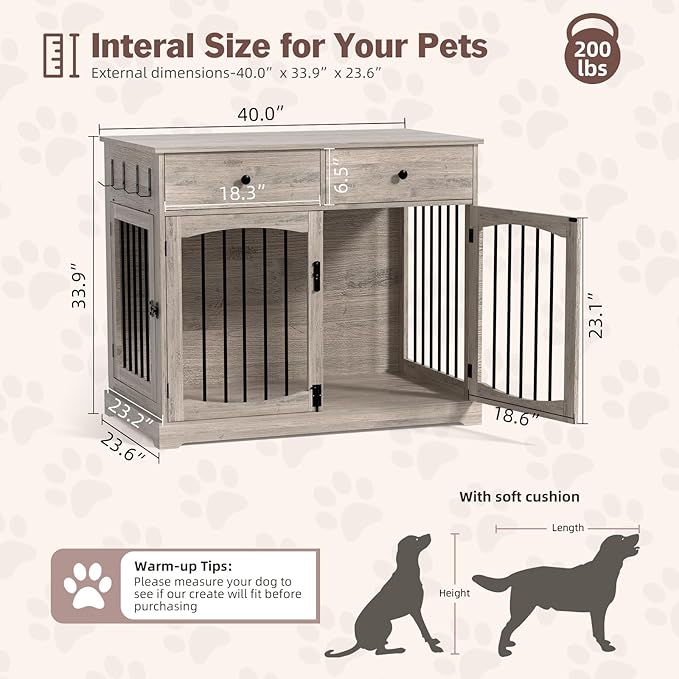 Kucreiheat 40'' Wooden Dog Crate Furniture–Farmhouse Dog Kenel-Multi Purpose Pet House with Double Doors, 2 Drawers, for Small, Medium & Large Dogs–Rustic Grey Finish
