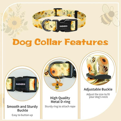 Kazazoo Dog Collar Cute and Soft Nylon Puppy Collar for Boy and Girl, Adjustable Dog Collars for Small Medium Dogs, Bees and Sunflowers-M