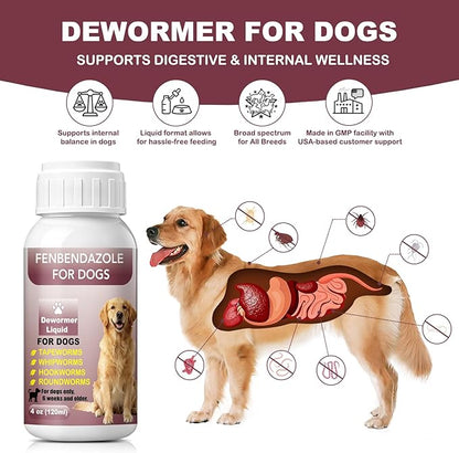 Dewormer for Dogs, Fenbendazole Liquid, Broad-Spectrum Wormer for Tapeworms, Roundworms, Hookworms & Whipworms, Easy-to-Use for All Breeds, 4 oz