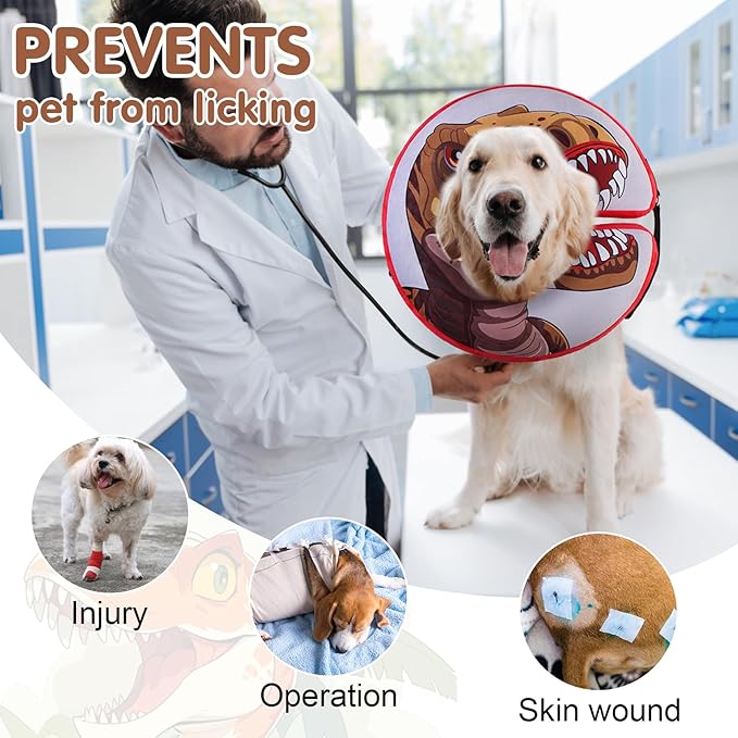 BEAUTYZOO Dog Cone Alternative After Surgery for Large Medium Small Dogs, Soft Inflatable Cone Collar for Dogs Cats, Pet Neck Donut E Collar Dog Recovery Collars to Stop Licking, Dinosaur, XL