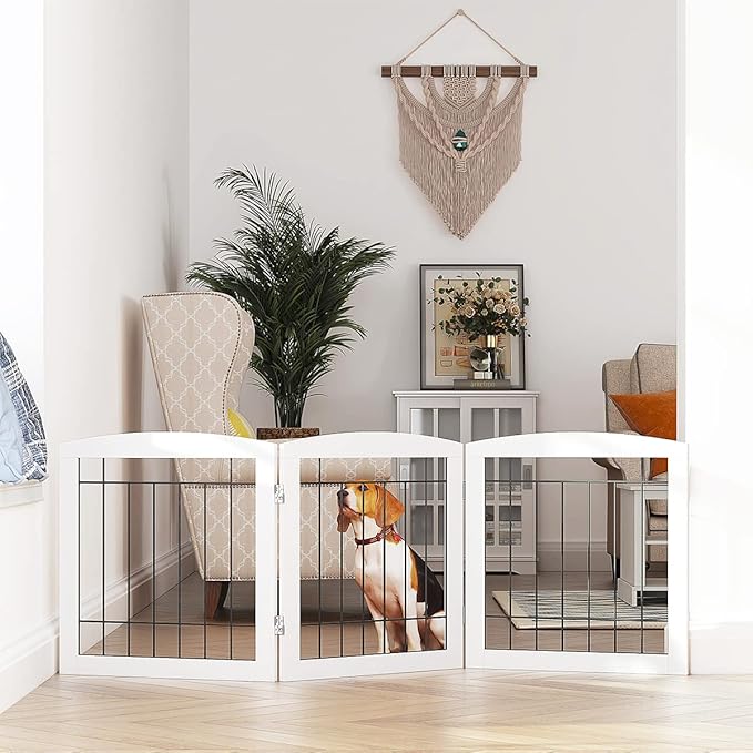 PAWLAND Free Standing Dog Gates for The House Stairs Doorways Indoor Foldable Wooden Small White Puppy Pet Gate Step Over Fence 60" W 24" H 3 Panels