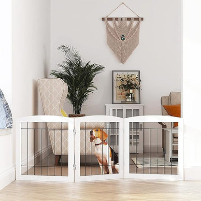 PAWLAND Free Standing Dog Gates for The House Stairs Doorways Indoor Foldable Wooden Small White Puppy Pet Gate Step Over Fence 60" W 24" H 3 Panels