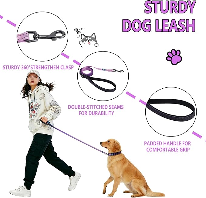 Roses&Poetry Lightpurple Medium Dog Collar and Leash Set, Puppy Reflective Leashes with Collars, Adjustable Durable Matching Collar Leash for Medium Dogs Girl (Lightpurple-M)