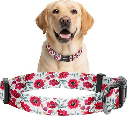 Kazazoo Dog Collar Cute and Soft Nylon Puppy Collar for Boy and Girl, Adjustable Dog Collars for Medium Large Dogs, Red Flowers-L
