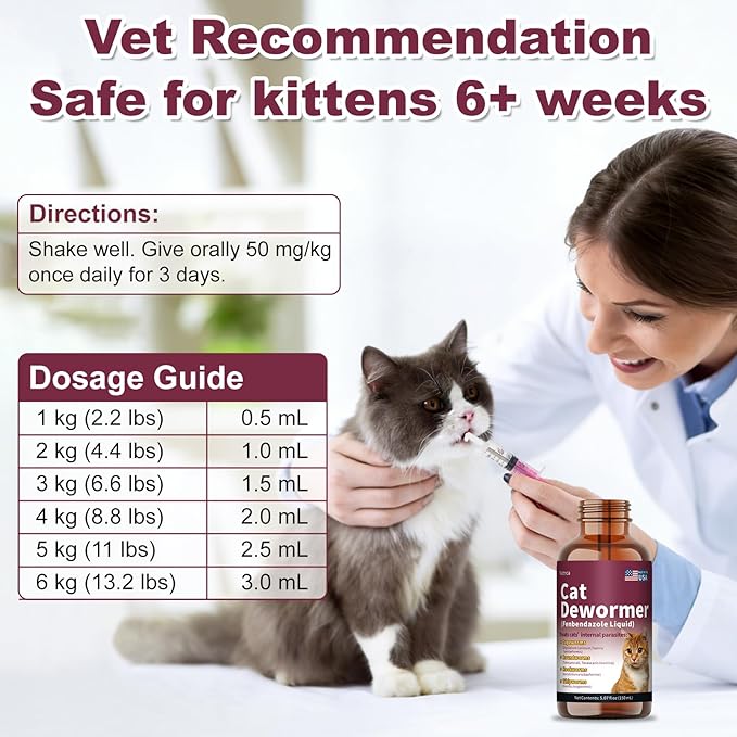 Fenbendazole for Wormers, Dewormer for Cats & Kitten, Tapeworms Roundworms & Hookworms & More, Tape Worm Medicine for Cat, 150 mL