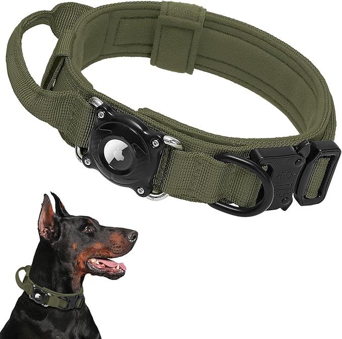2026 Upgrade Waterproof AirTag Dog Collar, Comfortable Control Handle and Metal Buckle, Military Tactical Dog Collar with AirTag Holder, GPS Holder for Medium to Large Dogs (ArmyGreen,L)