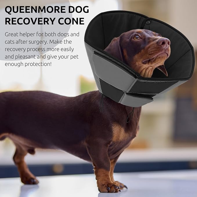 Queenmore Dog Cones for Small Dogs, Soft Cone for Dogs After Surgery, Adjustable Comfy Cone for Dogs & Cats, Comfortable Pet Cone After Surgery for Wound Healing, Grey S