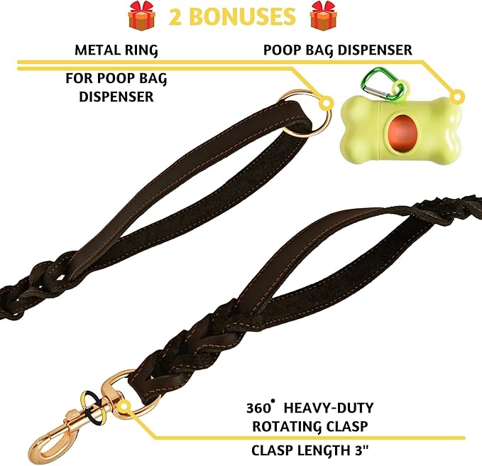 ADITYNA - Double Handle Leather Dog Leash 6ft - Heavy Duty Braided Dog Leash with Traffic Handle - Lead for Training and Walking Medium Large Breeds (Black, Two Handles 6 Foot x 3/4")