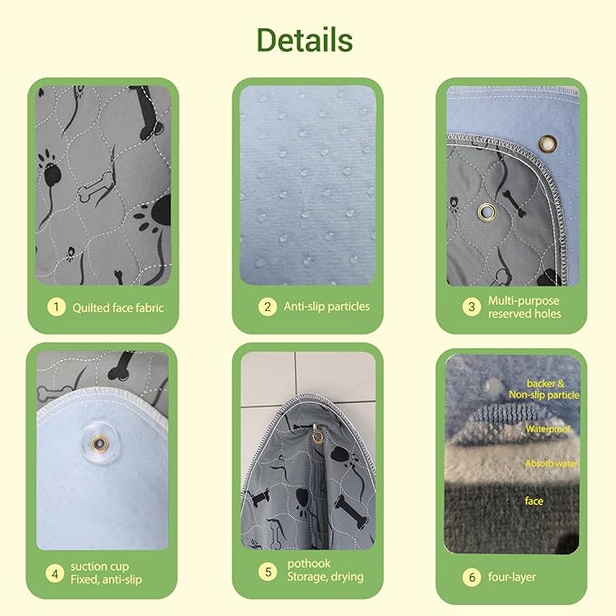 Washable Dog Pee Pad, Gray, Pack of 2, Waterproof Bed Pads, Puppy Training, Reusable Pet Training Mat