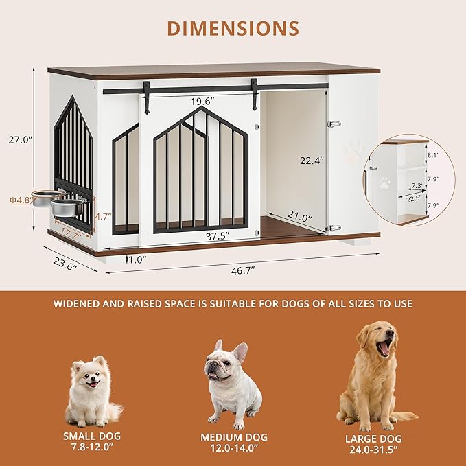 IRONCK Large Dog Crate Furniture with 2 Rotatable Dog Bowls, Wooden Dog Kennel with 2 Adjustable Shelves, Barn Doors Decorative Pet Cage Dog House as TV Stand, White