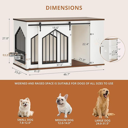 IRONCK Large Dog Crate Furniture with 2 Rotatable Dog Bowls, Wooden Dog Kennel with 2 Adjustable Shelves, Barn Doors Decorative Pet Cage Dog House as TV Stand, White