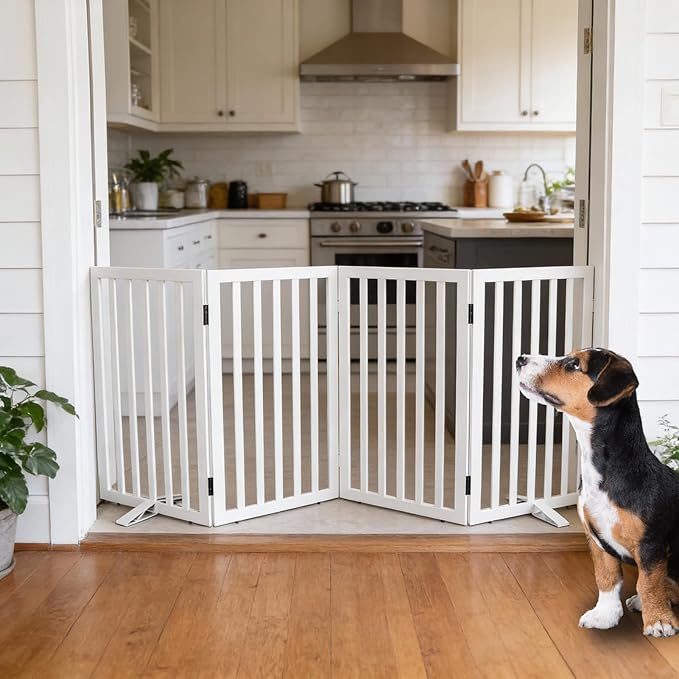 Dog Gate Indoor, Freestanding Dog Fence for The House, Doorways, Hallways,or Stairs,Pet Gate Foldable Wooden,Expandable 32" Height 4 Panels,White