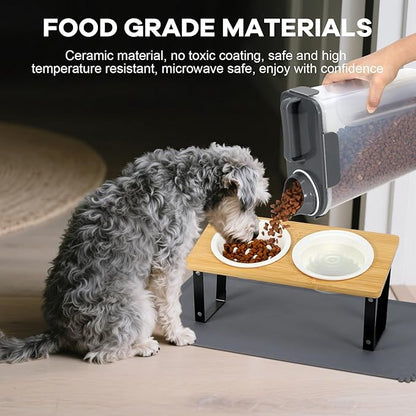 LEAWALK Upgraded Adjustable Height Cat Food Bowls Stand Ceramic Dog Bowls and Slow Feeder Cat Bowl, 15°Tilted Stand Anti Vomiting Raised for Small and Medium Sized Cats Dogs (Creamy White)
