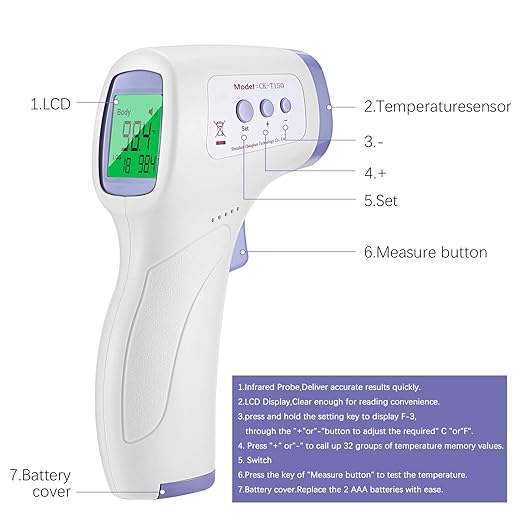 Handheld Non-Contact Thermometer, Digital Forehead Thermometer with LCD Display for Room, Offices, Shops, School, Fast Measurement