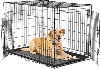 DUMOS Dog Crate, 42 Inch Large Double Door Dog Cage with Plastic Leak-Proof Pan Tray, Folding Medium Size Metal Wire Pet Kennel for Indoor, Outdoor, Travel