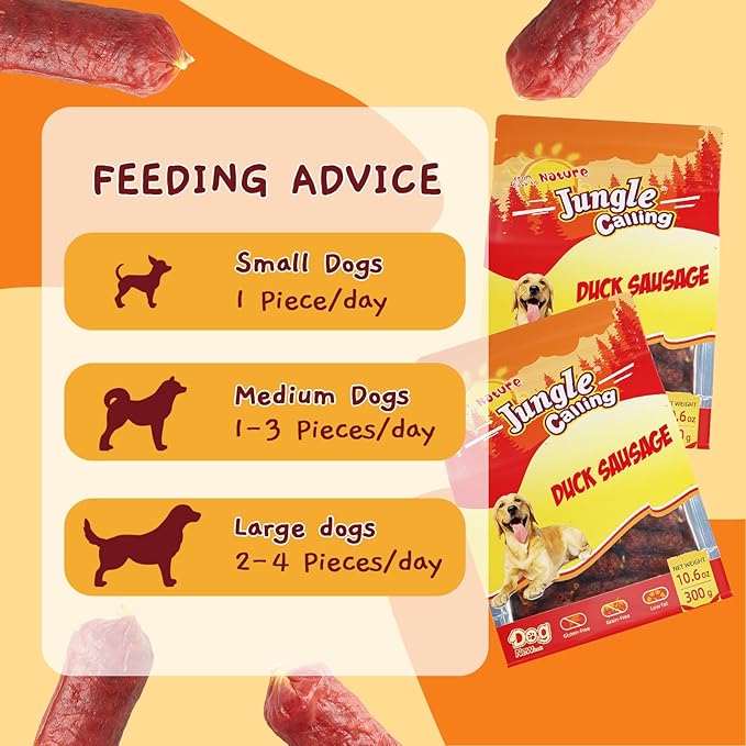 Jungle Calling Soft Duck Sausage Dog Treats, Grain-Free Single Ingredient Tender Duck Jerky, Easy to Chew Training Treats for Small & Medium Dogs, 10.6 oz